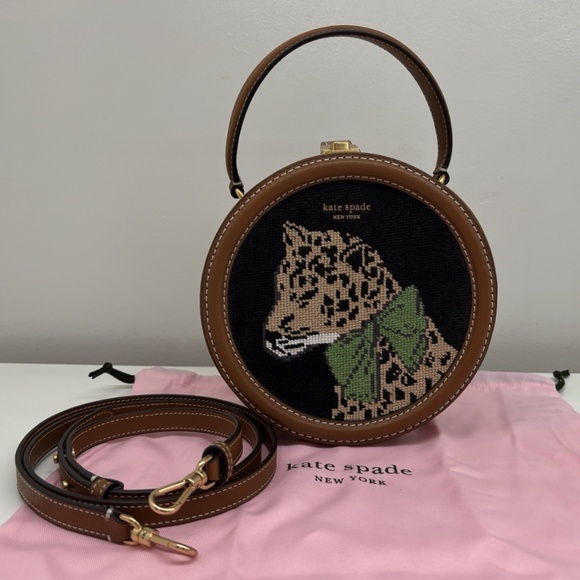 Authentic Kate Spade Lucy Lady Leopard Needlepoint Round Crossbody Bag - Picture 1 of 12